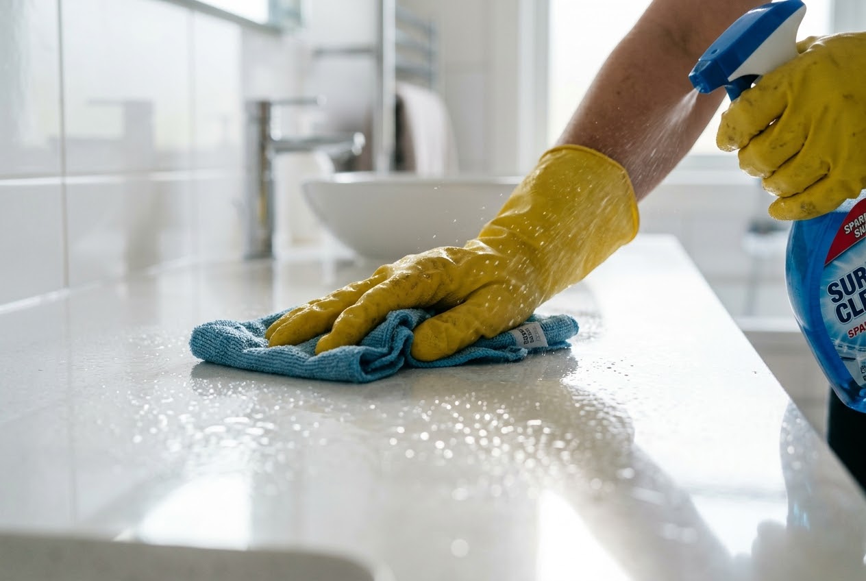 Cleaner wiping a surface with a spray and cloth